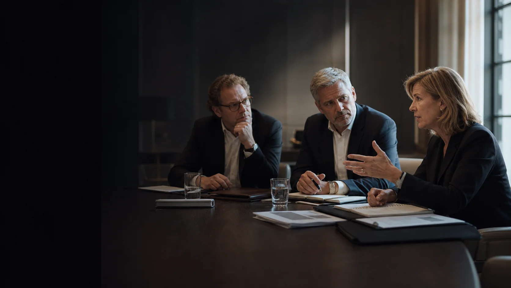 Three experienced leaders weighing a consequential board-level decision